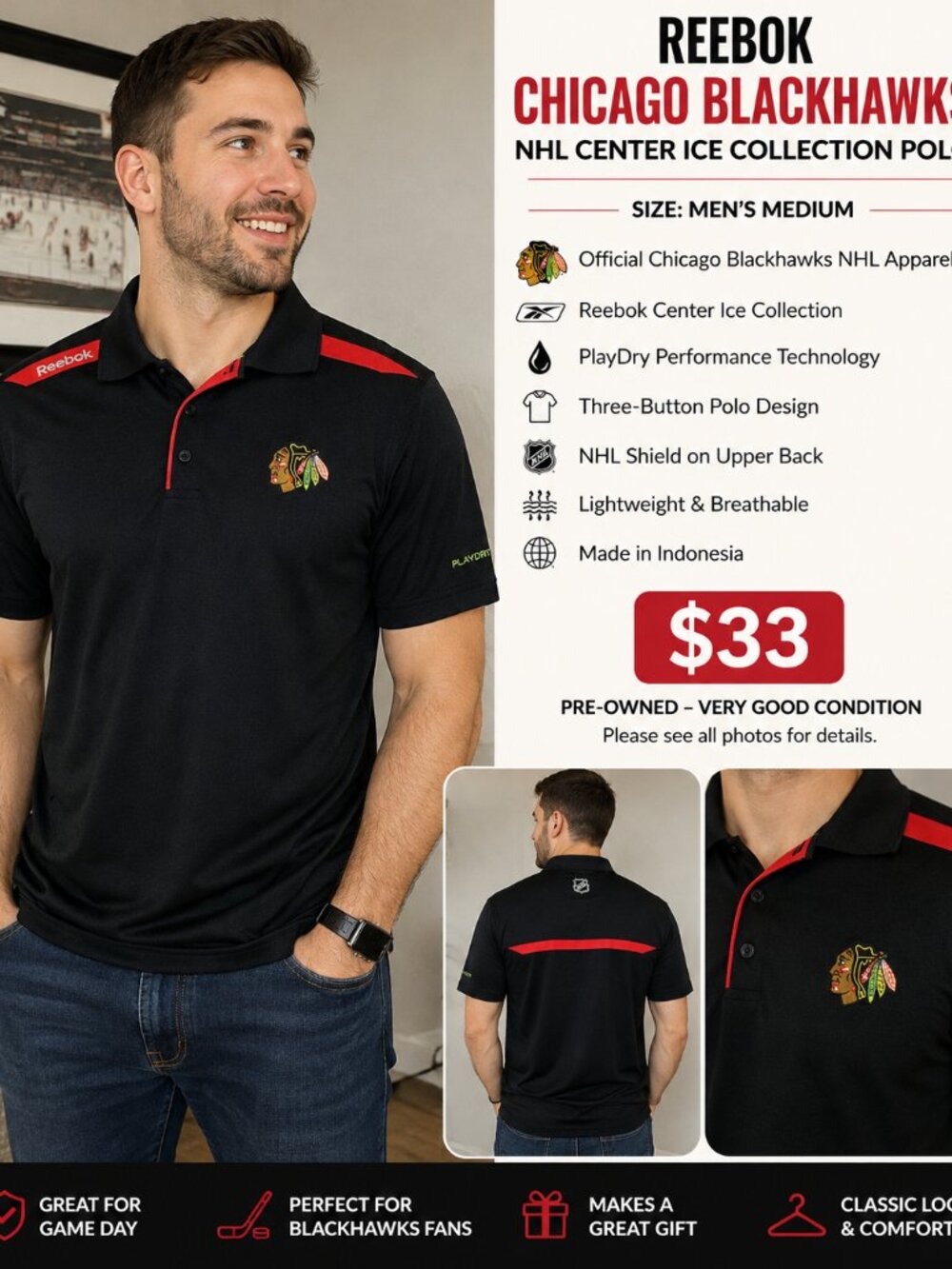 Reebok Chicago Blackhawks NHL Center Ice PlayDry Polo Men’s M